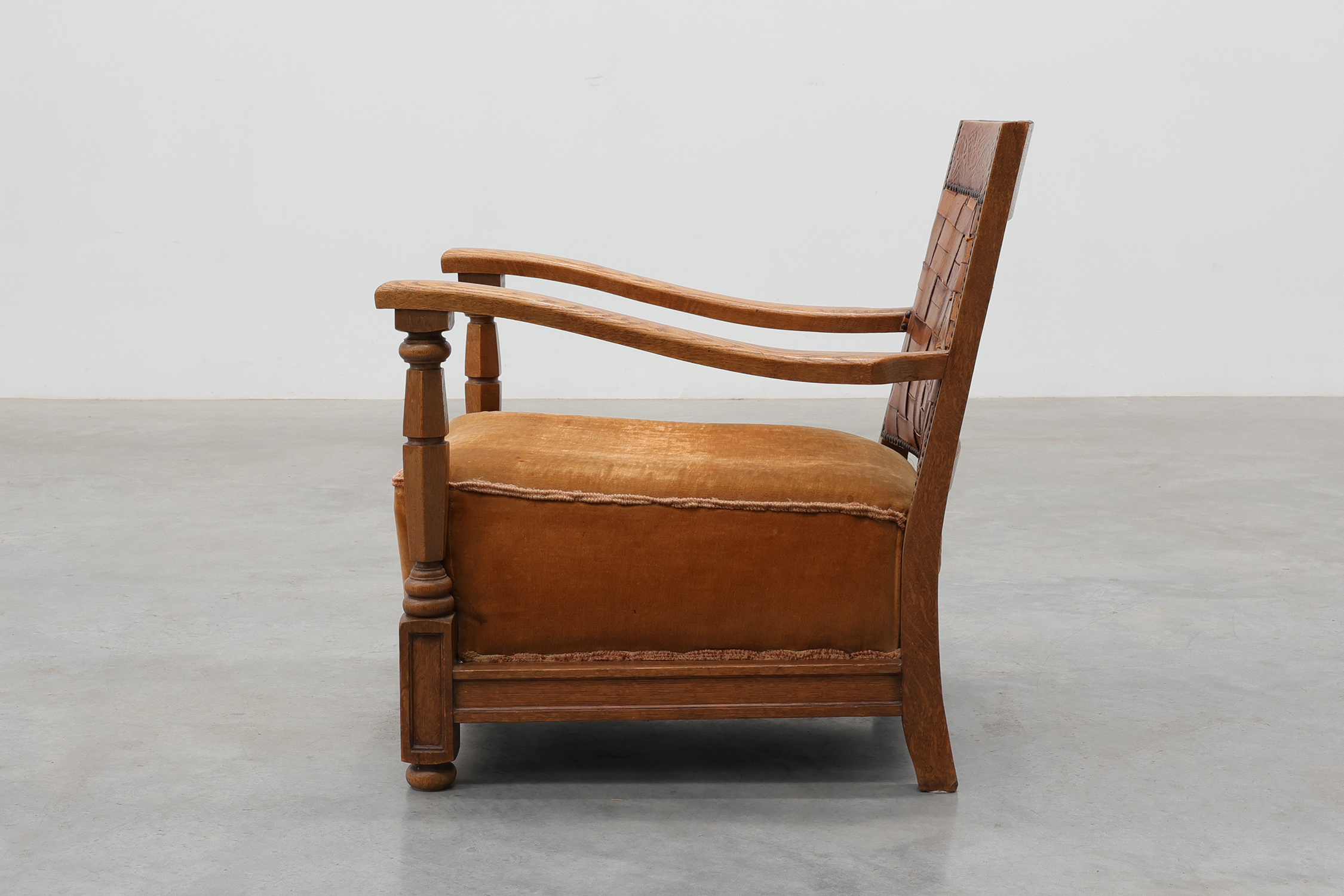 Art Deco Oak Lounge Chair with Woven Leather Back and Ochre Velvet, Belgium, 1920sthumbnail